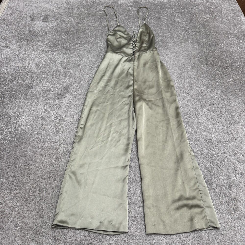 Tiger Mist Satin Lace Up Wide Leg Strappy Jumpsuit Womens XS Sage Green Party